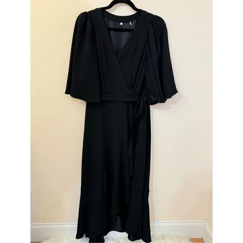 Kobi Halperin Black V-Neck Waist Tie Wrap Front Ruffle Dress S